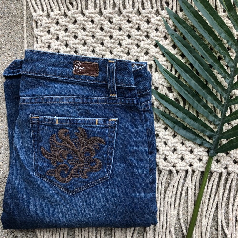 PAIGE Indigo Blue Bootcut Jeans with Brown Embroidered Back Pocket